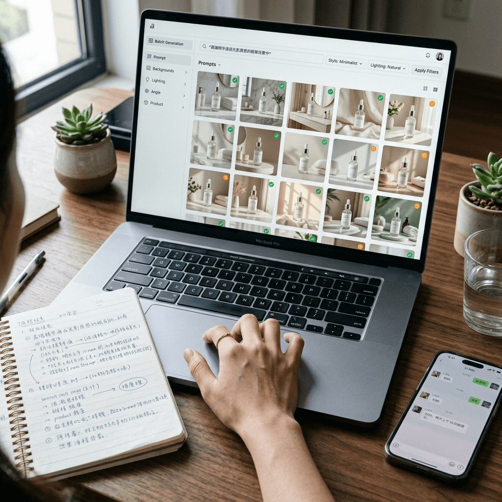 An AI content generation tool displaying a grid of product lifestyle images for batch selection