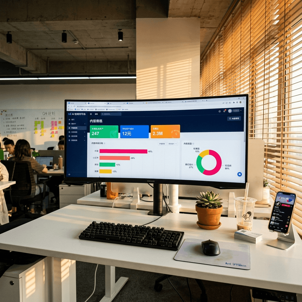 An AI content platform dashboard showing assets generated, cost per asset, and platform distribution