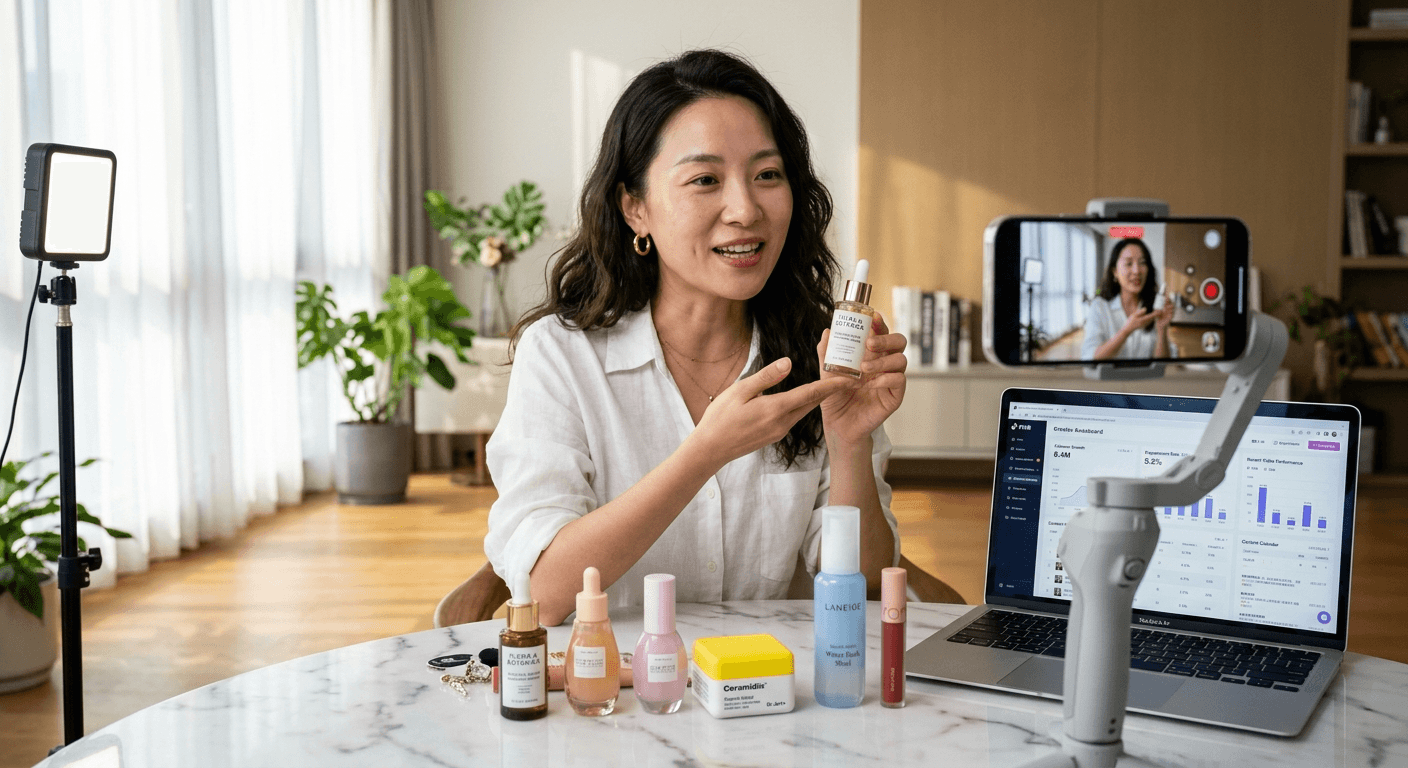 A Douyin KOL filming a product review in her apartment