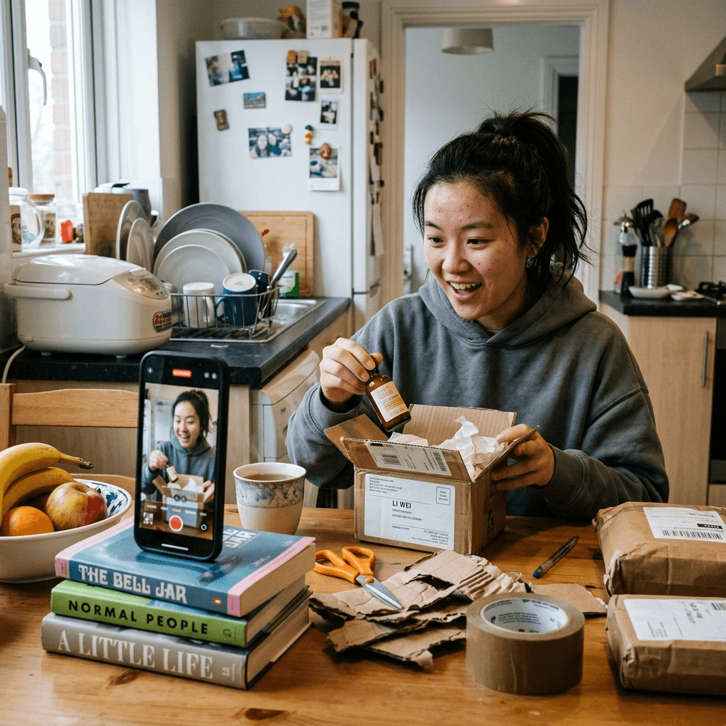 A KOC filming a casual product unboxing at her kitchen table with just a phone propped on books