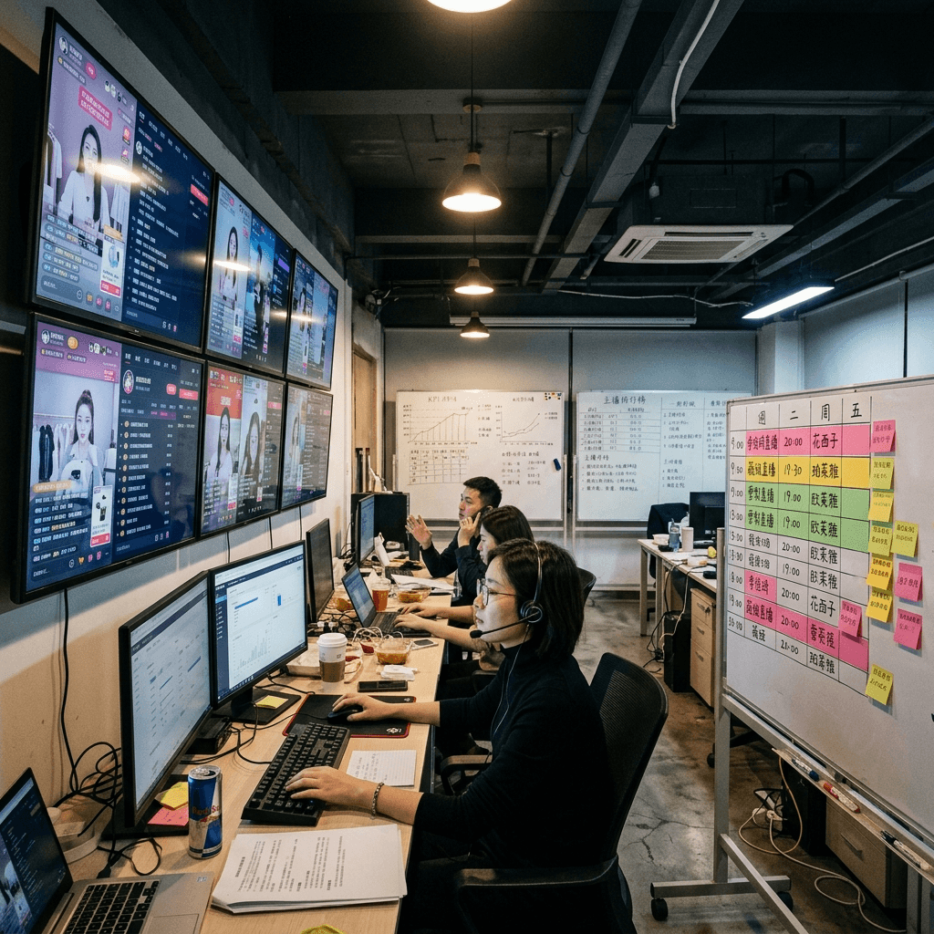 Inside an MCN office with multiple screens showing active livestreams and a coordinator managing schedules