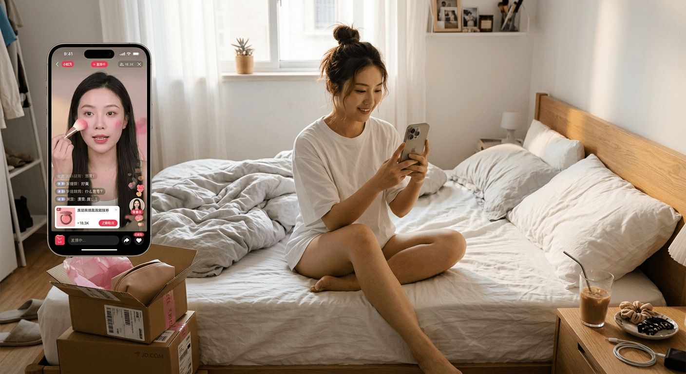 A young woman discovering beauty products through a RedNote livestream on her bed