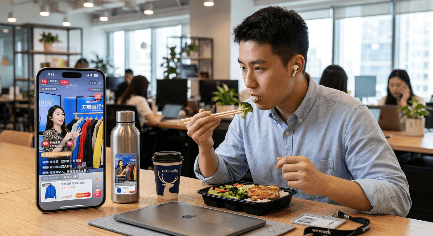 An office worker watching a Tmall Live shopping session during lunch break