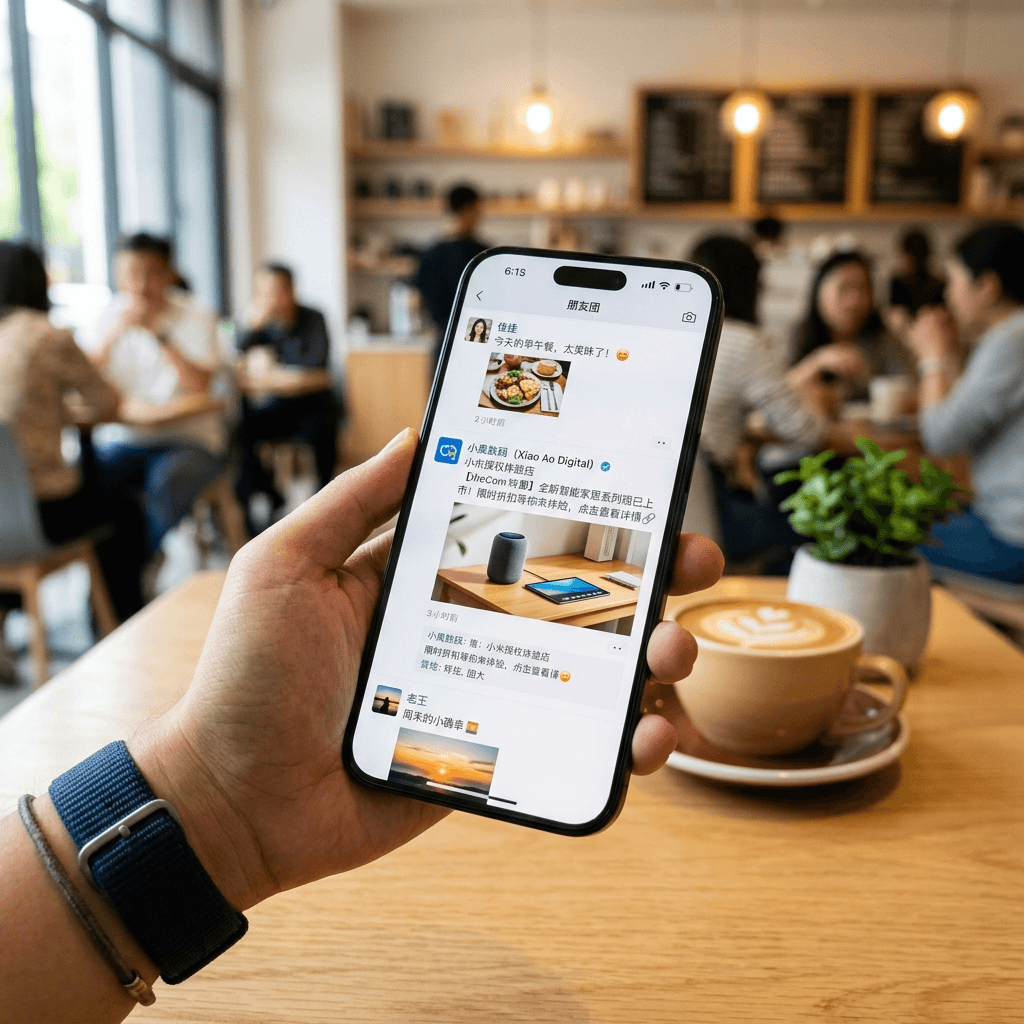 A WeCom brand post appearing naturally in a customer's WeChat Moments feed