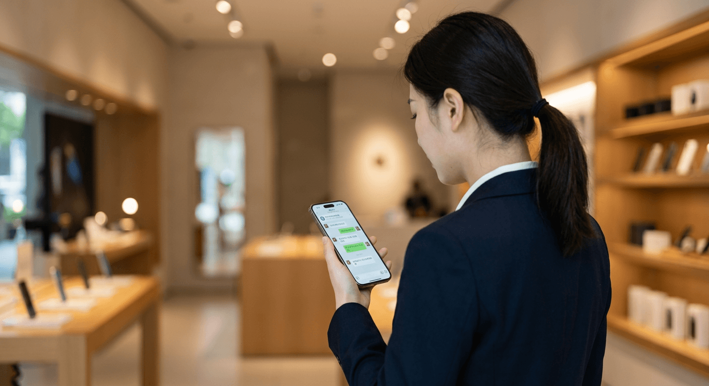 A sales associate using WeCom to message a customer directly from a retail store